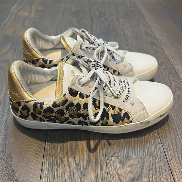 Zadig & Voltaire Leo Wild animal print white leather & gold metallic sneakers - Picture 2 of 5